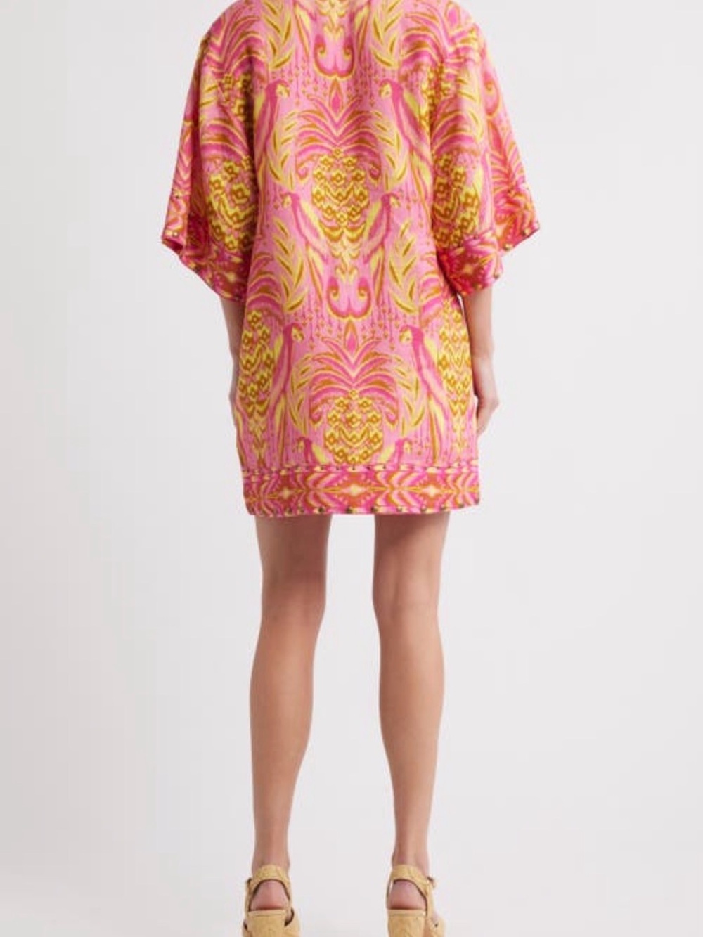 FARM Rio Pineapple Tapestry Studded Linen Tunic Mini Dress Pink Boho Resort - Picture 3 of 9